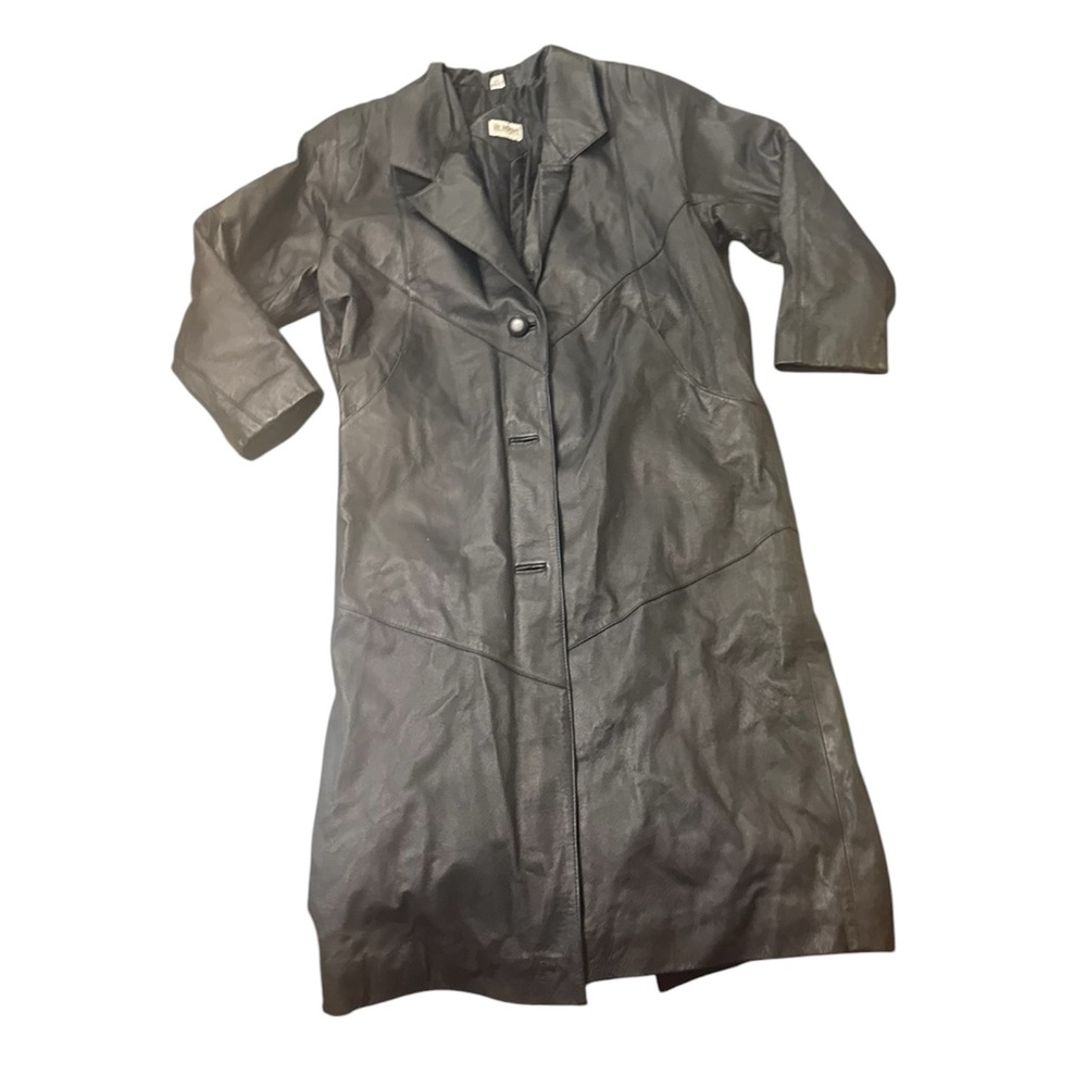 Liz Baker Essentials | Black Long Leather Coat with Notched Lapel